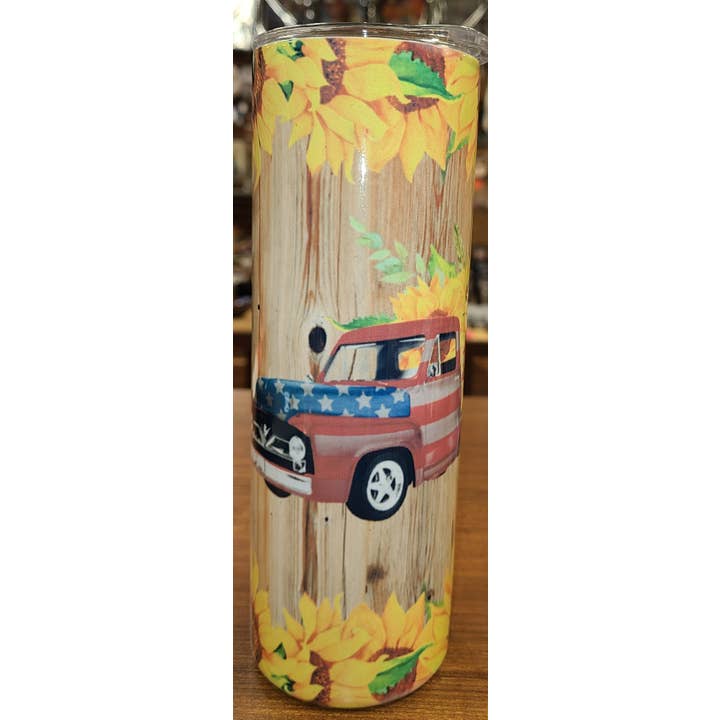 American Flag Truck with sunflowers 20oz Sublimation Skinny Tumbler for wholesale by Unique Custom Tumblers by Ashley