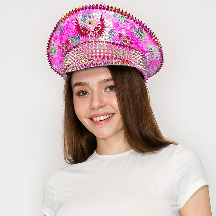 Hot Pink Angel Eye Crystal & Sequin Embellished Captain Hat for wholesale by SP Sophia Collection