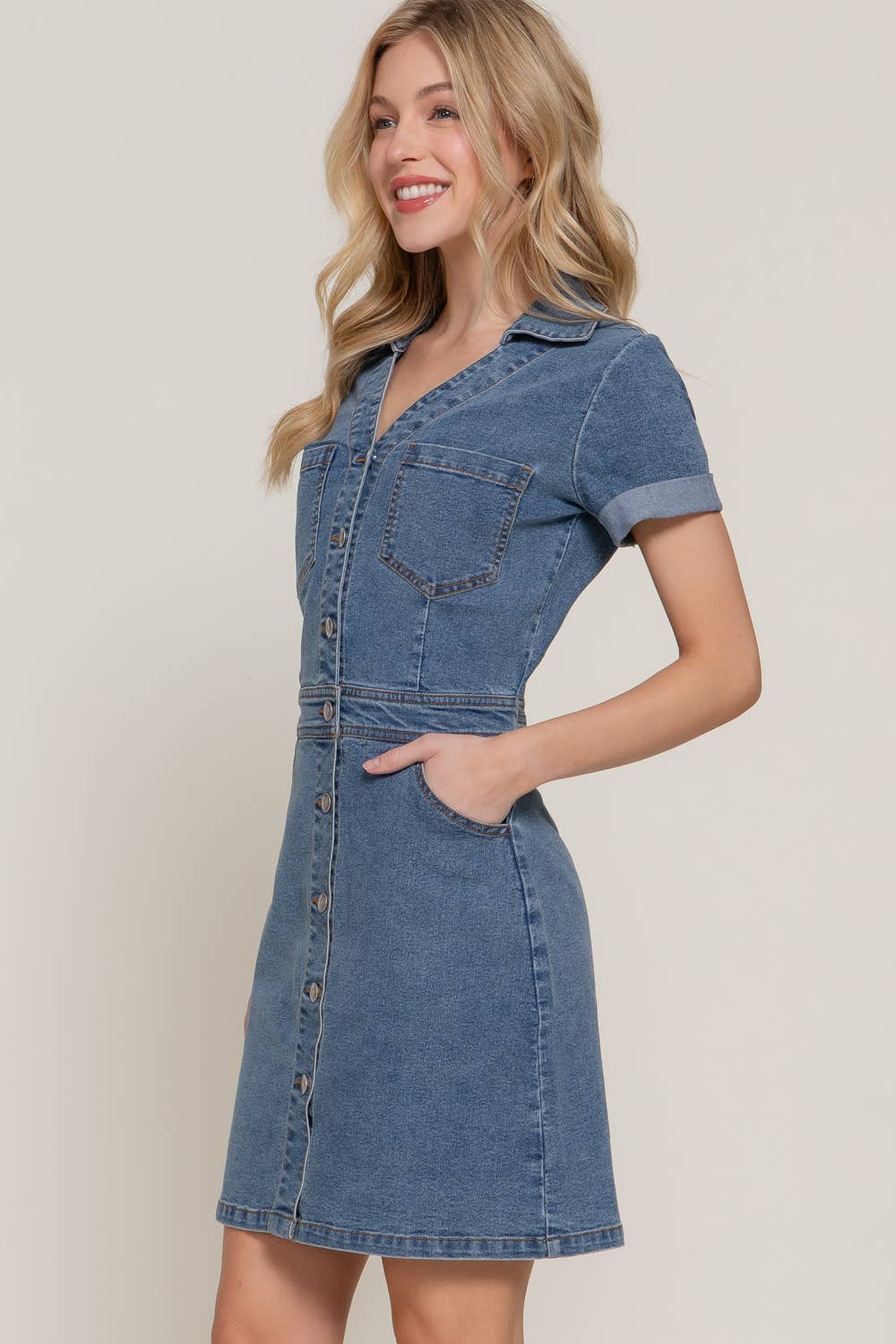Short Sleeve Stretch Denim Mini Dress for wholesale on Faire2