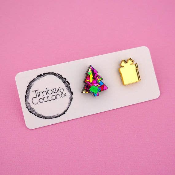 Girlfetti – wholesale Solitärörhängen – Julgran & Present Akryl Stud Örhängen5