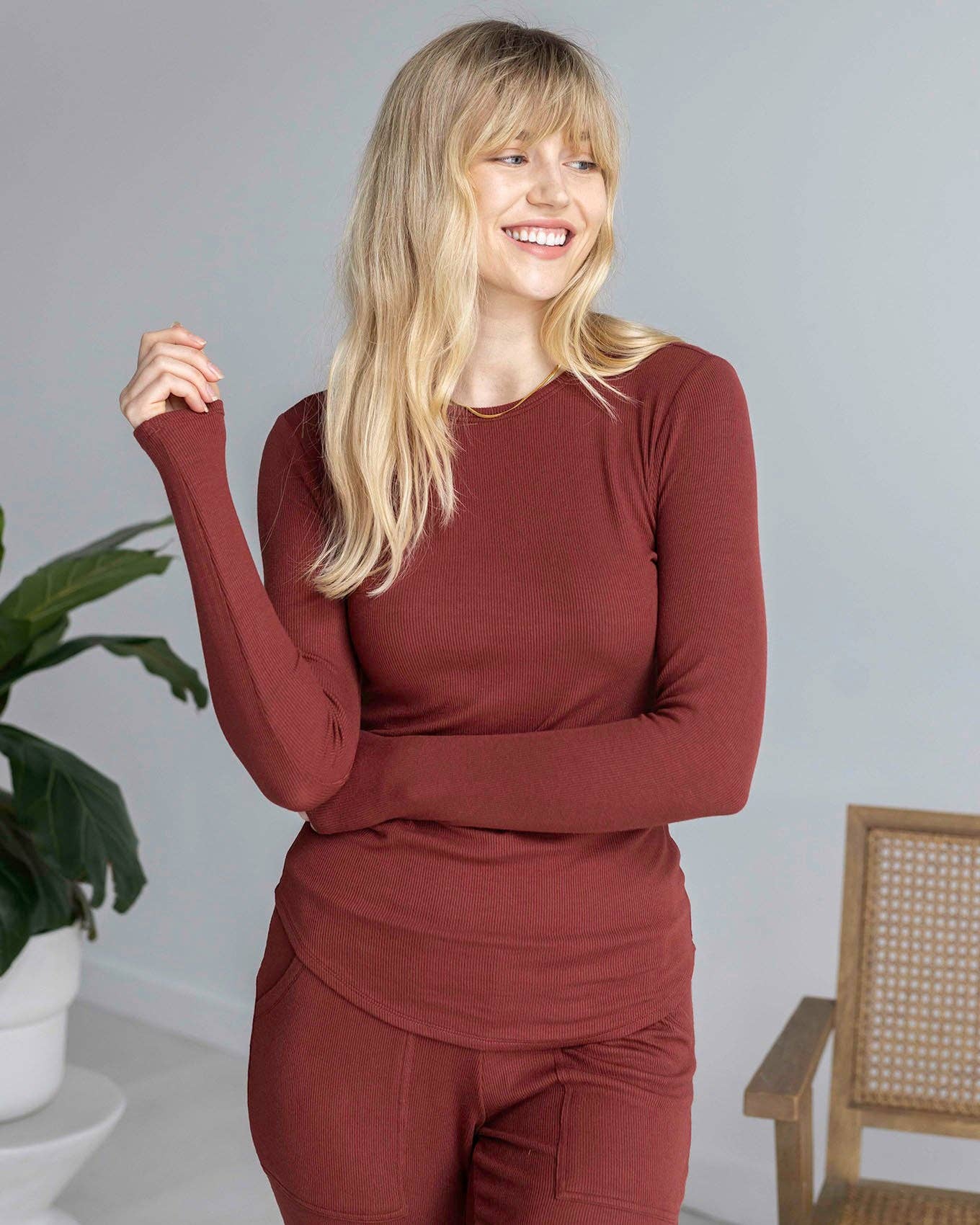 Essential Ribbed Long Sleeve Tee In Rust for wholesale on Faire3