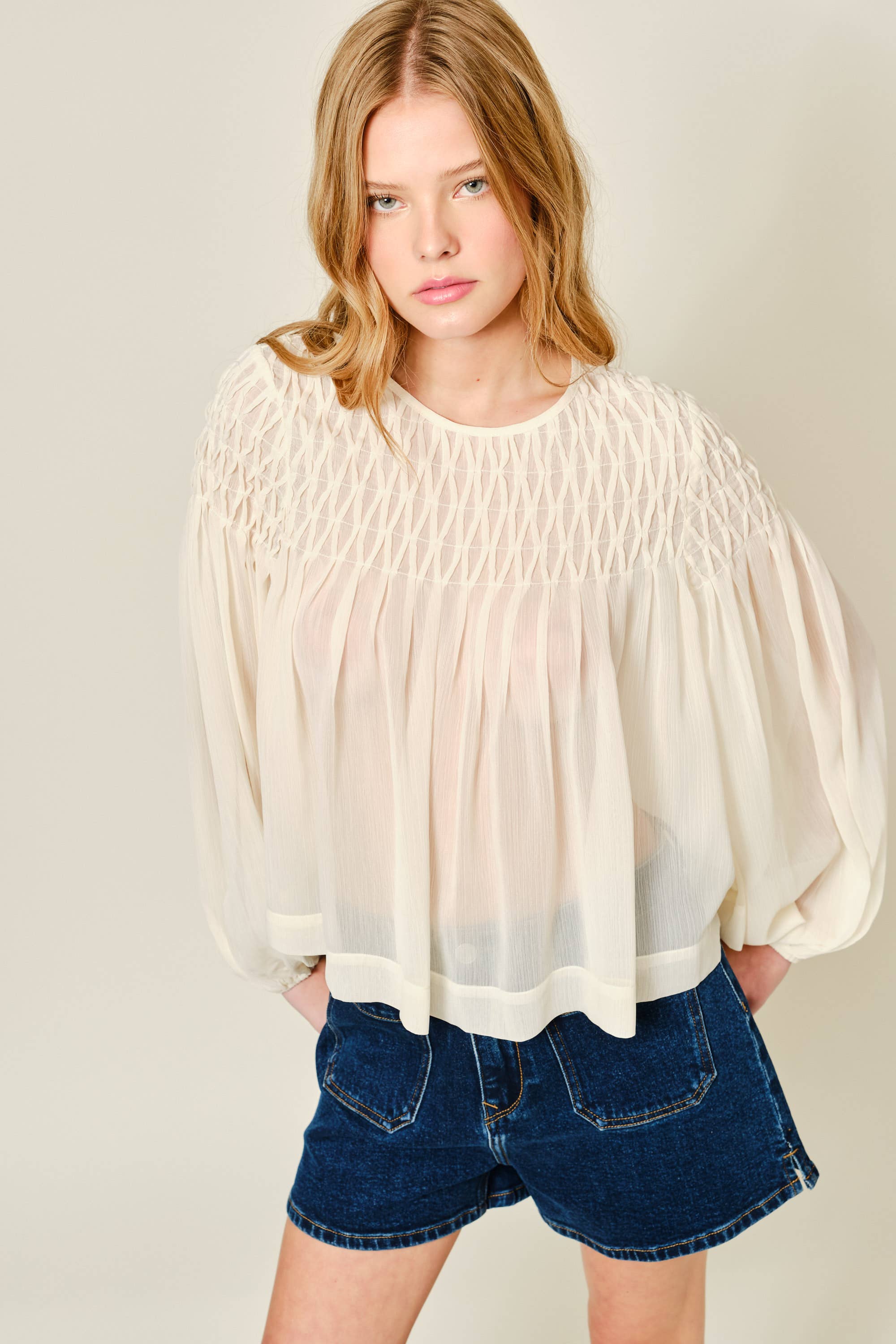 Aaron & Amber - Wholesale Blouse - Women's - AJT5433 SPECIAL SMOCKED DETAIL LONG SLEEVE BLOUSE2