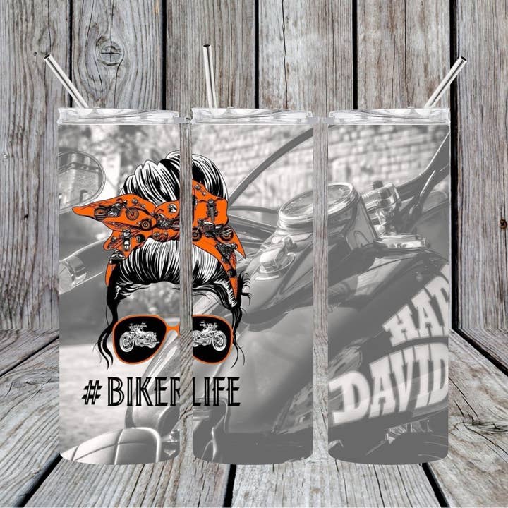 Biker Life HD vintage 20oz Skinny Tumbler for wholesale by Dogwood Graphics & Design