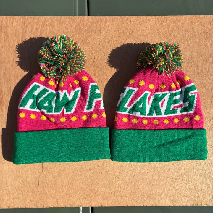 Haw Flake Candy Asian Snack Warn Beanie with Pom Pom Toque for wholesale by Painting With James