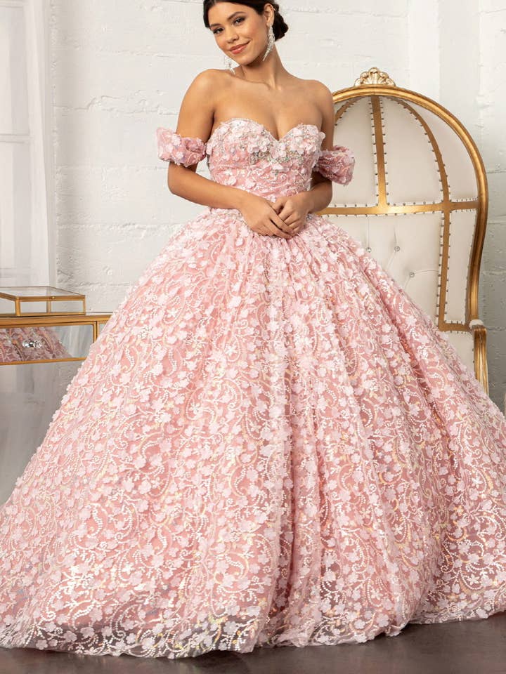 Abito da ballo Quinceanera in rete decorato con gioielli con applicazioni 3D e corsetto per la vendita all'ingrosso da parte di Tux-USA®
