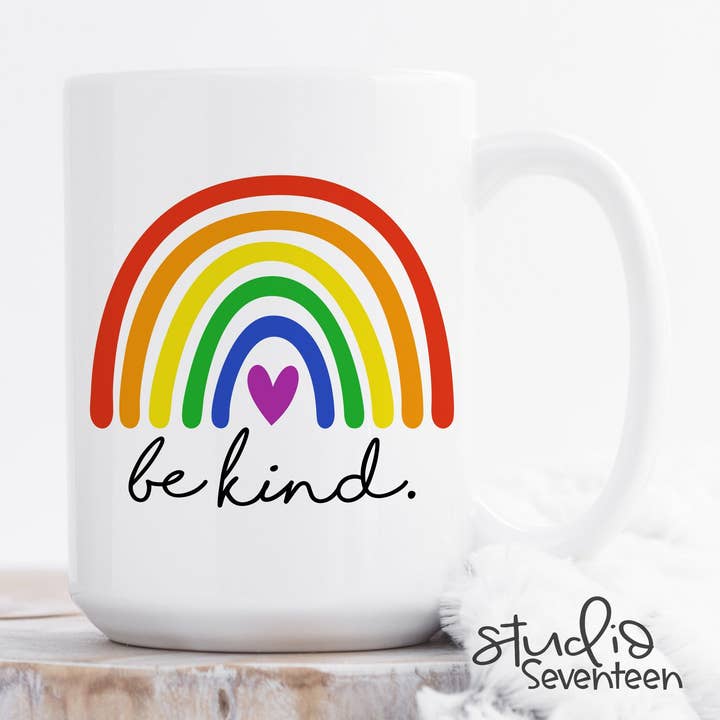 Be Kind Rainbow Coffee Mug for Pride Month for wholesale by Studio Seventeen