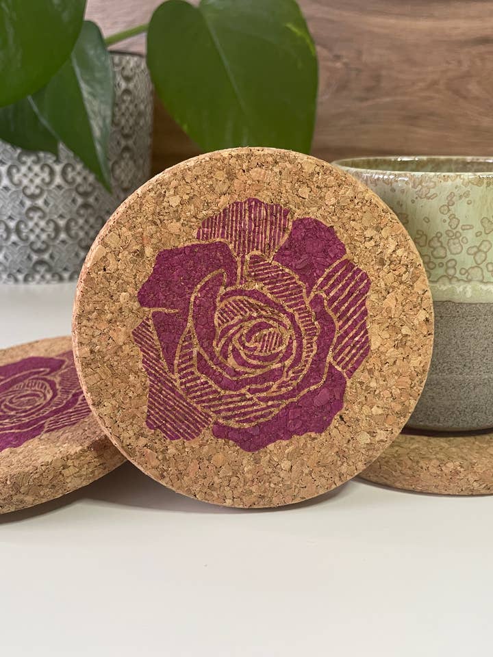 Pink Rose linocut Cork coasters - set of 4 for wholesale by Jackdaw and Bear