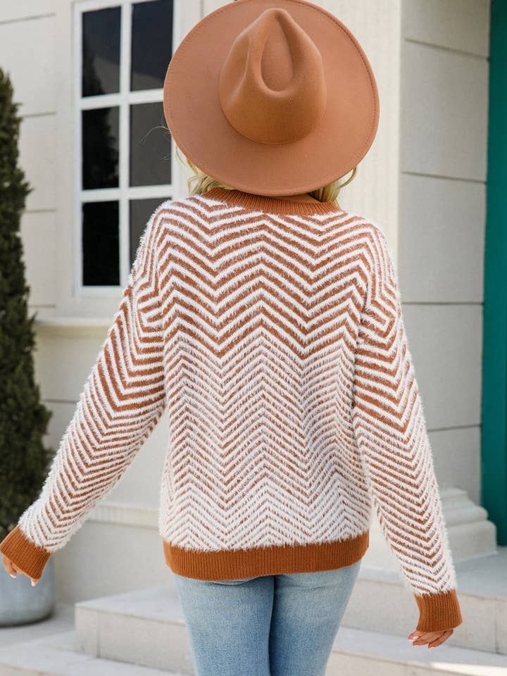NINEXIS - Wholesale Knit Sweater - Women's - CWOSWL1707_V-neck Long Sleeve Striped Pullover Sweater