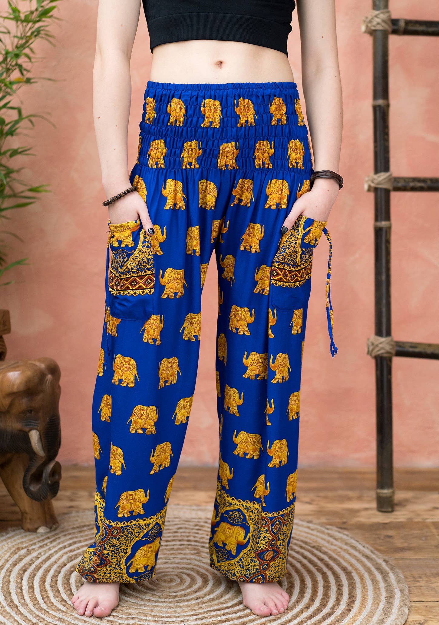 Namaste - Wholesale Pants - Women's - Freesize Gold Elephant Print Trouser With 2 Tie Pockets1