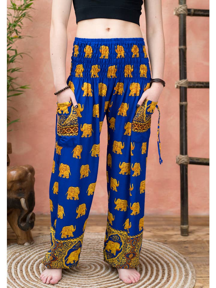 Namaste - Wholesale Pants - Women's - Freesize Gold Elephant Print Trouser With 2 Tie Pockets1