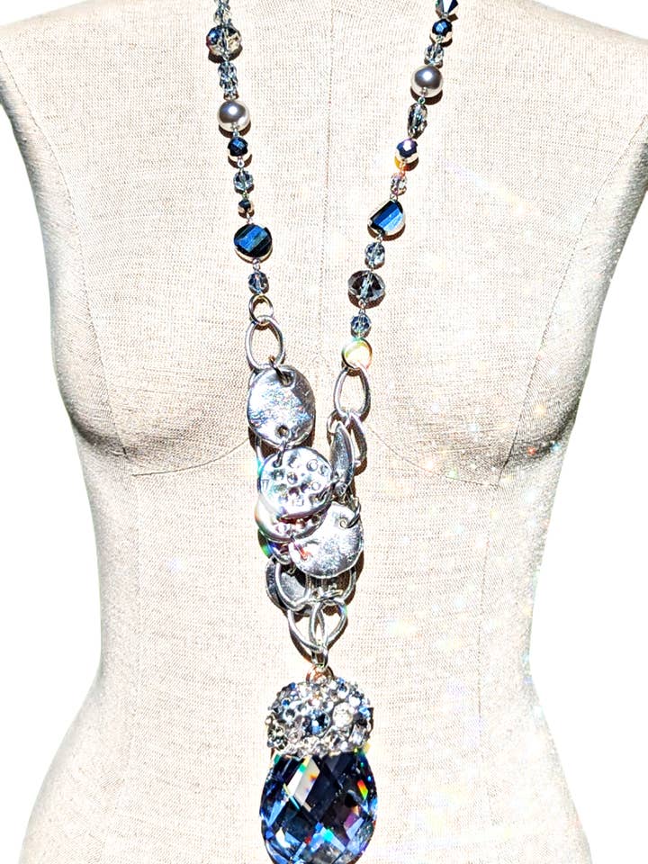 XL Silver Crystal Drop Swarovskis Silver Sparkle Necklace Bespoke Handmade Sugar Gay Isber USA unisex for wholesale by Gay Isber Designs