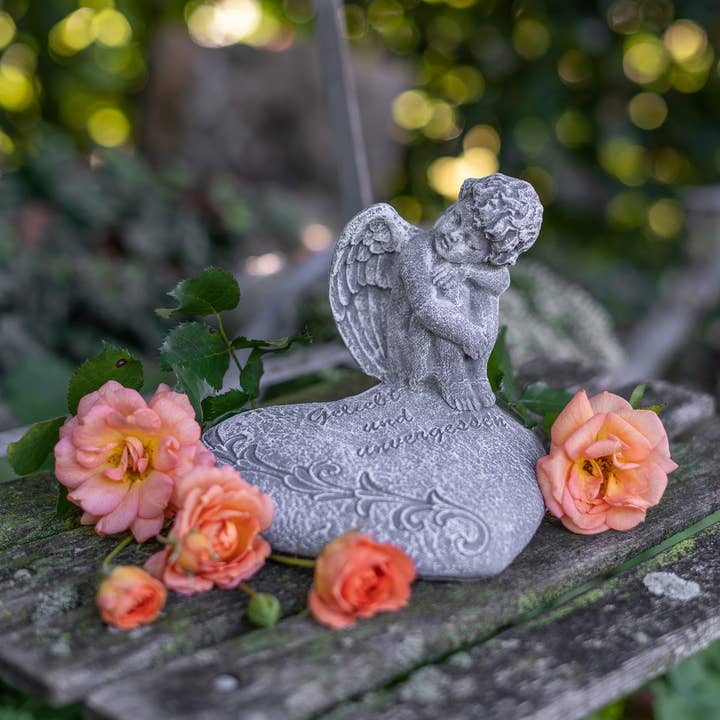 Antikas - Wholesale Outdoor Ornament/Decor - Angel On Heart | Cast Stone, Grey | H 14cm X D 13.5CM