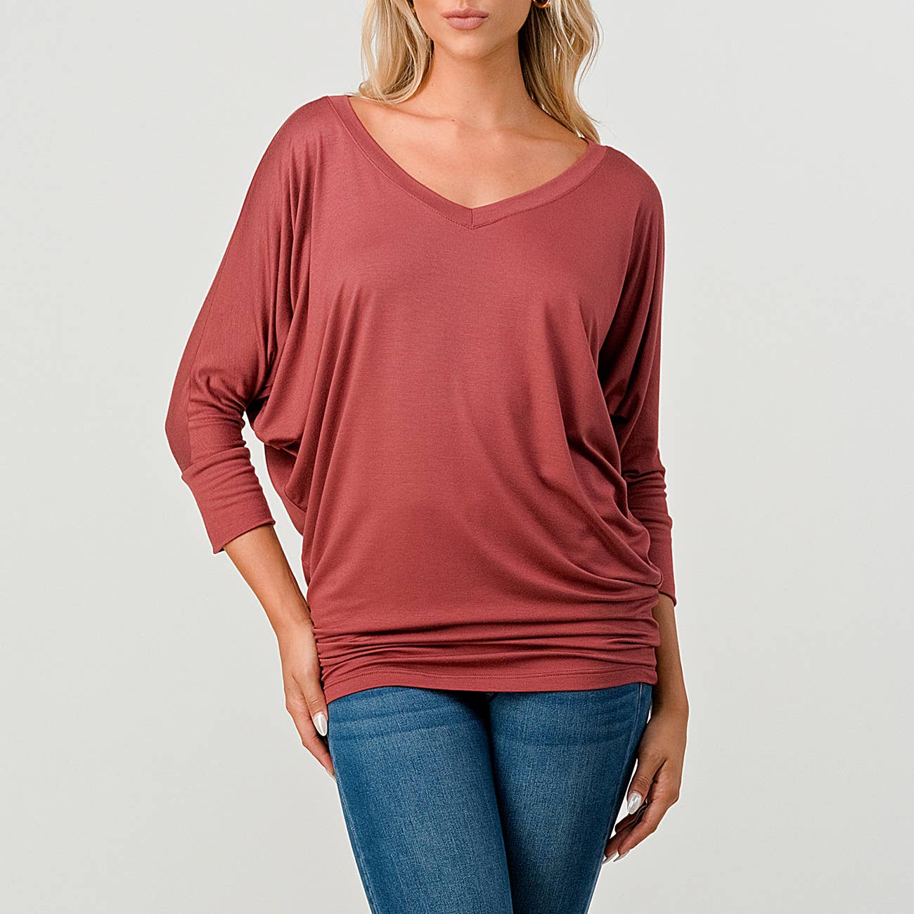 Heimious - Wholesale Knit Top - Women's - 3/4 Dolman Sleeve V-neck Modal Jersey Top, 257353