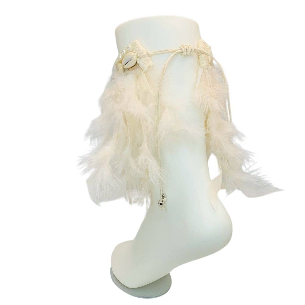 Gypsea Beach Club - Venta al por mayor Pulsera tobillera - Tobillera estilo bohemio, concha de cauri con plumas blancas2