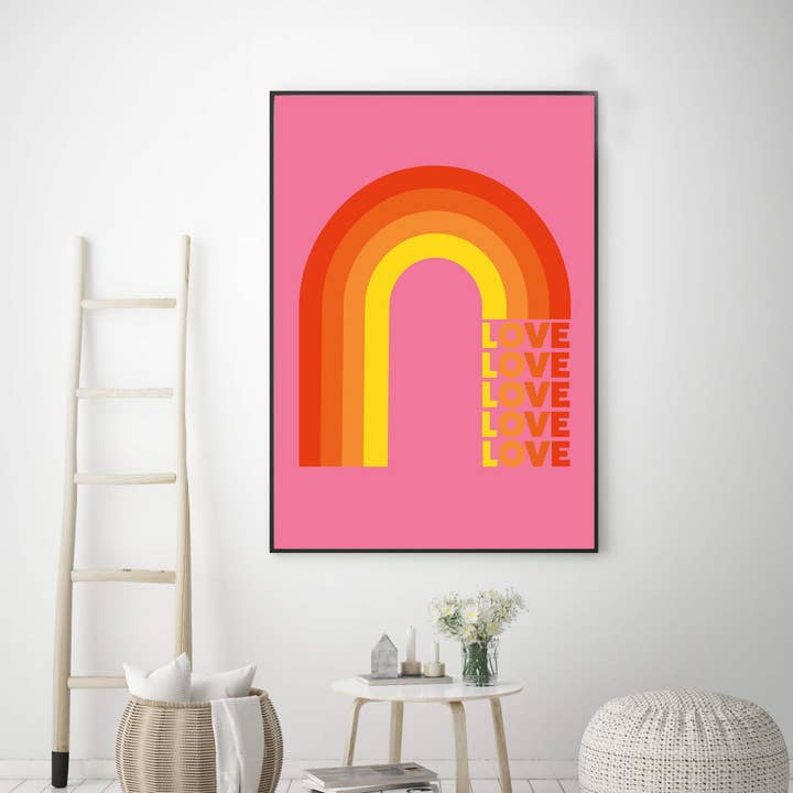 Decoración de pared enmarcada con tipografía Love Rainbow, rosa para venta al por mayor de Superlover