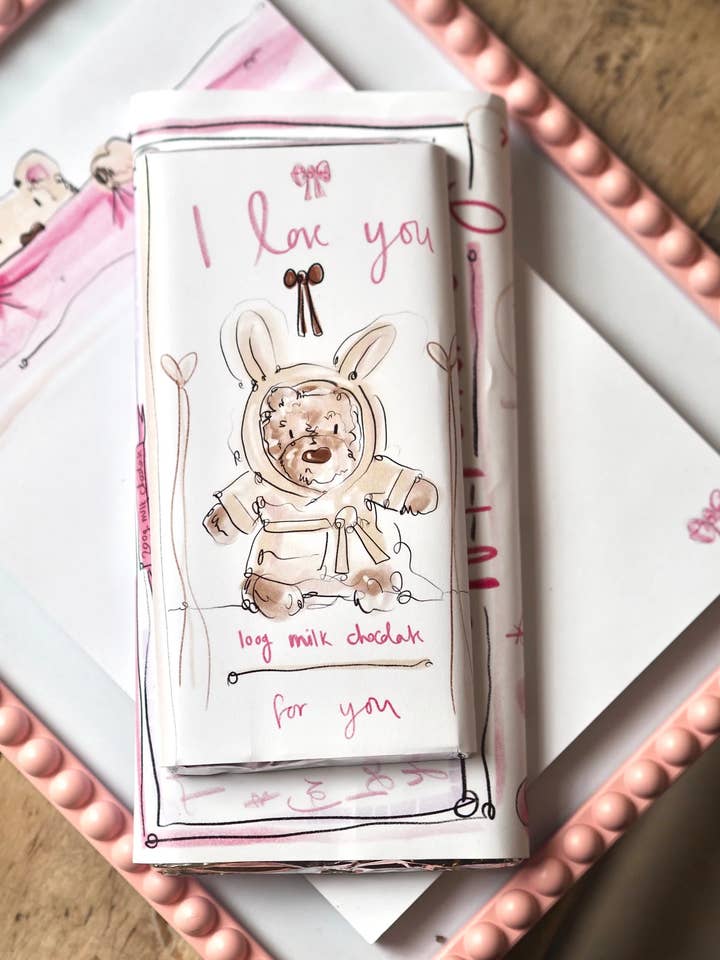 The 100g Cosy Bear Chocolate Bar ‘I Love You’ for wholesale by Made by Leah