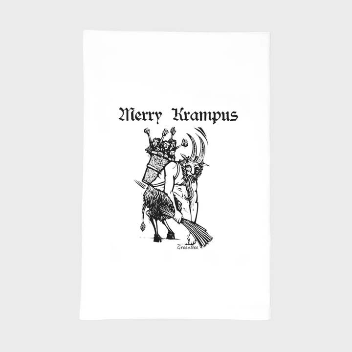 Merry Krampus Dish Towel | Tea Towels | Christmas Dish Towel for wholesale by Green Bee Tea Towels