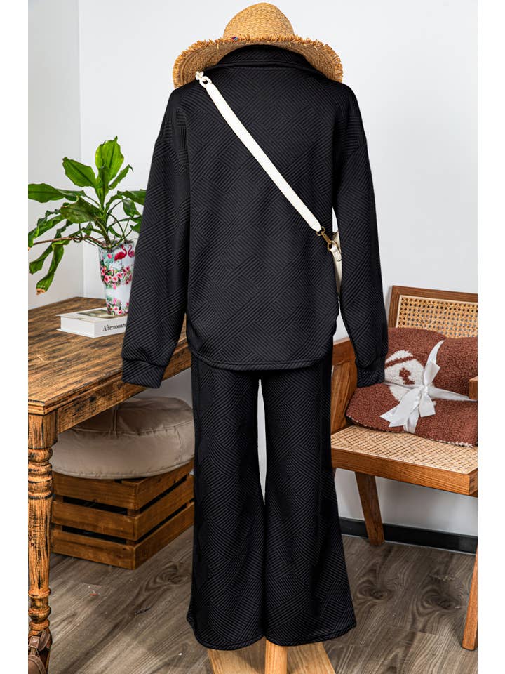 fashionworks - Wholesale Lounge Set - Women's - Fall Solid Texture Collar Top and Long Pants Set*S-2XL