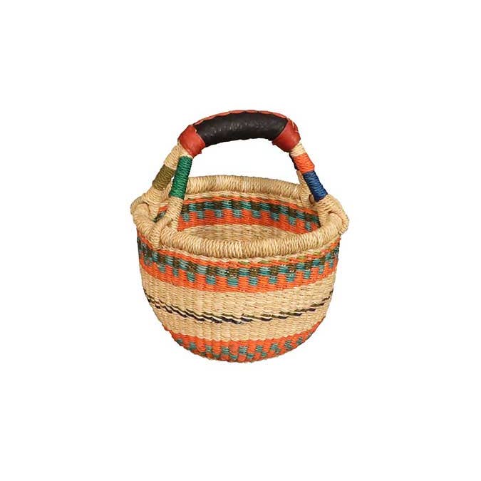 African Market Baskets - Wholesale Basket - G-149A: Mini Round Basket w/Leather Handle = 4 Per Case