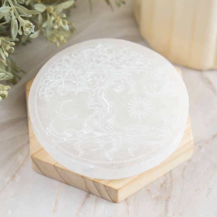 Soothing Crystals - Wholesale Crystal Charging Plate - 4" Selenite Plate | Tree of Life Moon & Sun Selenite Plate9