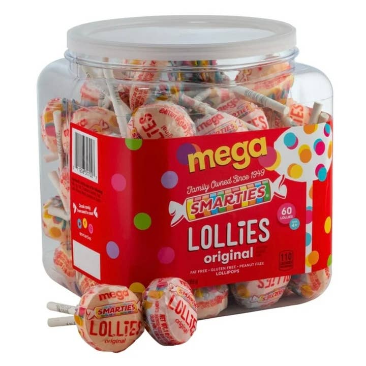 O'Shea's Candies Sweet Shop - Wholesale Hard Candy - Nostalgic 1937 Smarties Mega Pop 60CT Canister Tub Display