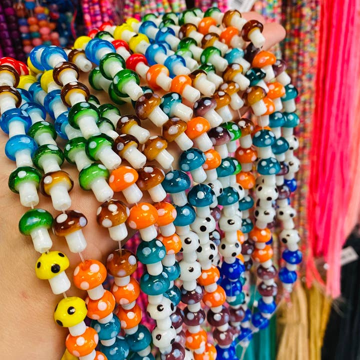 The Bead Bazaar - Wholesale Beads - Strand of Colorful Mushroom Beads, Shroom Pendant Beads, Keychain Bright Clear Mushroom Beads, Mushroom Charms, Boho Bead DIY Jewelry Making9