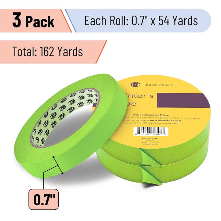 Bates Choice - Wholesale Tape - Bates- Painters Tape, 0.7-Inch, 54 Yards/Roll, 3 Pack, Green1