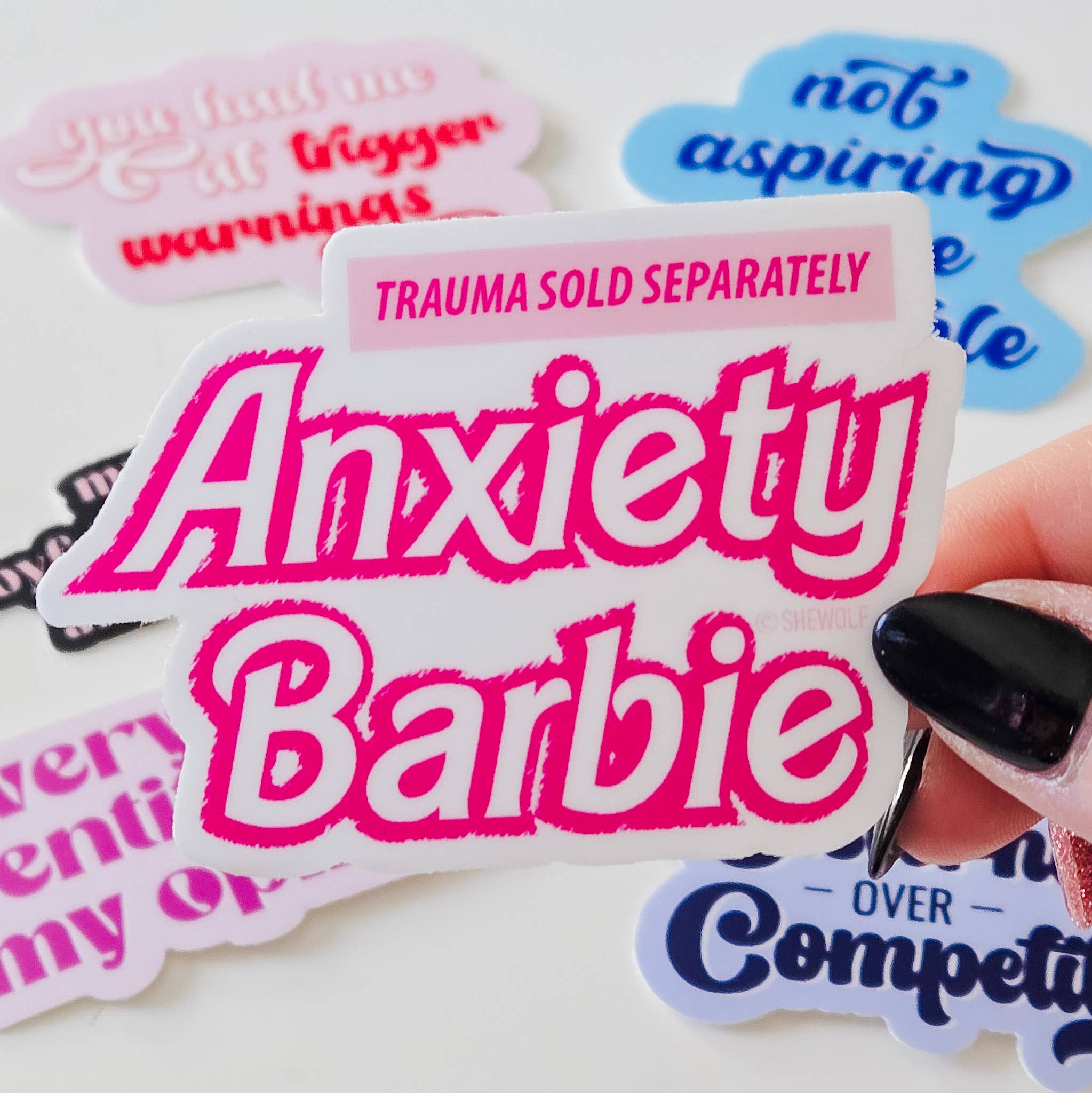 SHEWOLF Designs - Wholesale Sticker - Sticker: Anxiety Barbie Trauma Sold Separately Barbie Parody Vinyl Decal3