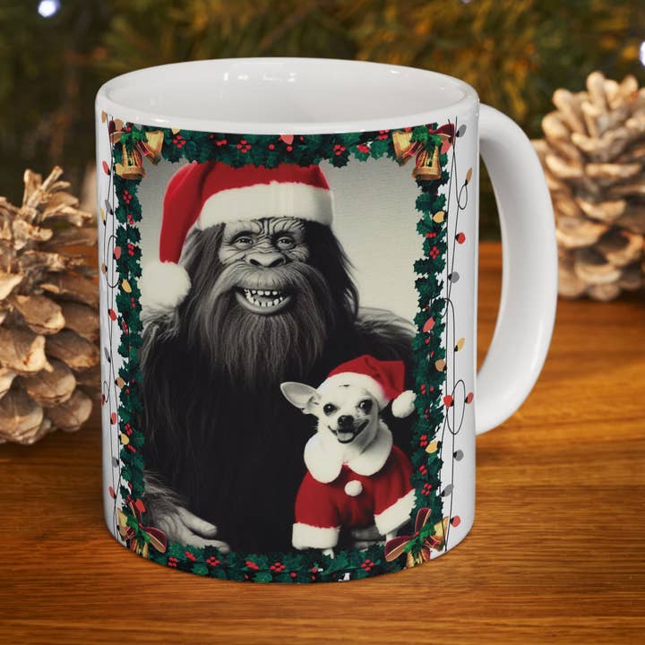 Funny Christmas Mug Bigfoot & Chihuahua Santa Coffee Mug (11oz) for wholesale by Midnight Myth