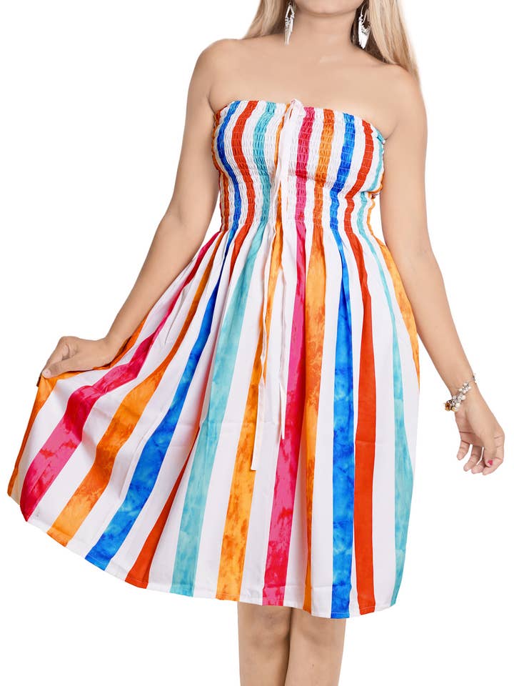 Robe Mini Femme LA LEELA Rayures Multicolores P01025 pour la vente par LA LEELA \ HAPPY BAY