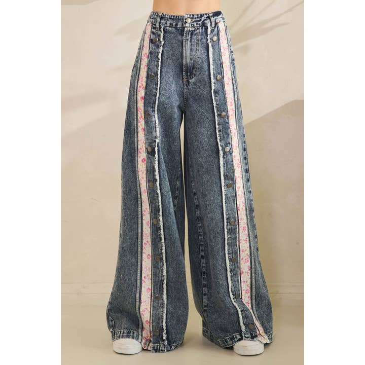 WASHED BUTTON DOWN WIDE LEG DENIM PANTS for wholesale by Oli&Hali