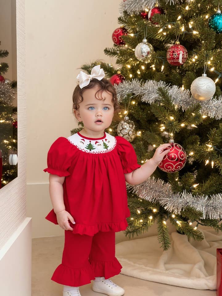Red Corduroy Santa & Christmas Tree Smocked Pant Set for wholesale by Hello Bebes!