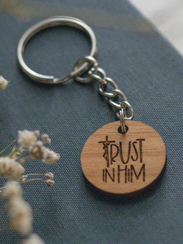 Trust in Him - Catholic Wood Keychain for wholesale by Saint Clare and Francis