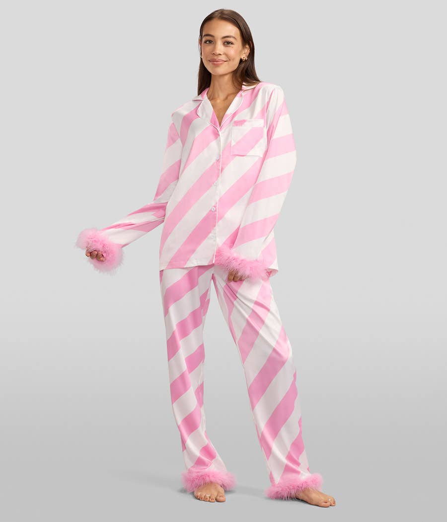 Tipsy Elves - Wholesale Sleepwear Set - Women's - Pink Candy Cane Satin Feather Pajamas - Women's Cute PJ Set