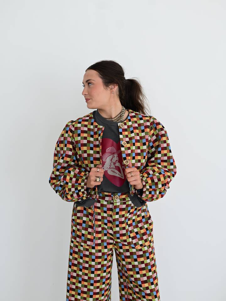 TH55 MULTI CHECK WEAVE PUFF TOP (7 PIECES) for wholesale by Turquoise Haven