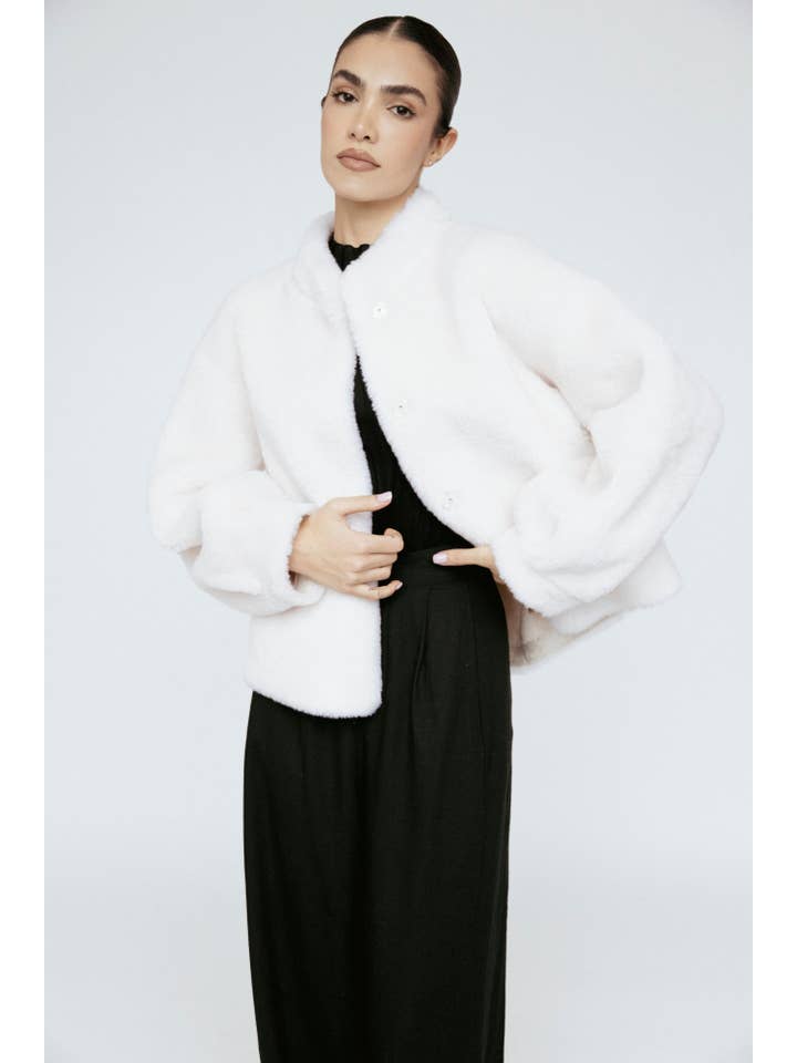 Wool Bomber Teddy Jacket Ivory Rose for wholesale on Faire