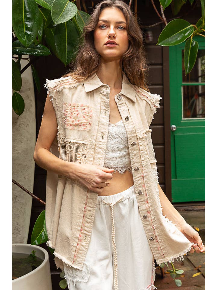 Pol Clothing - Wholesale Denim Jacket - Women's - Sleeveless crochet lace floral patch denim jacket