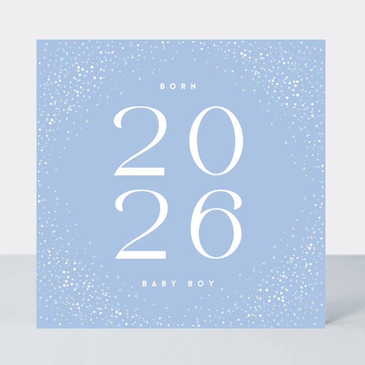 Confettis bleu galaxie — Carte de naissance pour garçon, né en 2026 pour la vente par Petimo