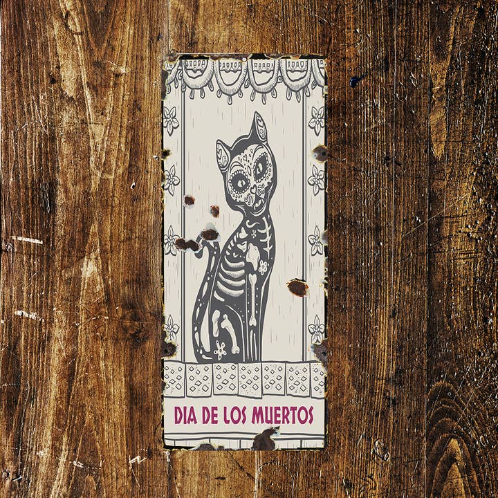 Targa artistica in metallo con scritta Day Of Dead Skeleton Cat per la vendita all'ingrosso da parte di The British Metal Signs Company