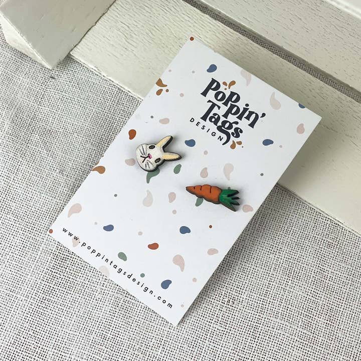 Wooden Earrings: Rabbit And Carrot for wholesale by Poppin' Tags Design