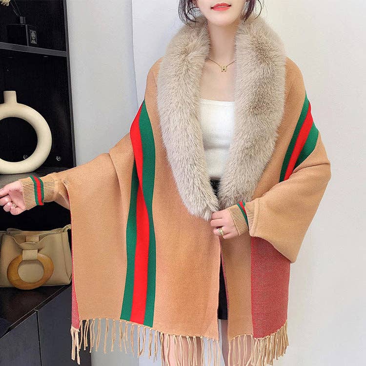 Ole - Wholesale Wrap - Women's - Striped Fur Collar Tassel Shawl S01848