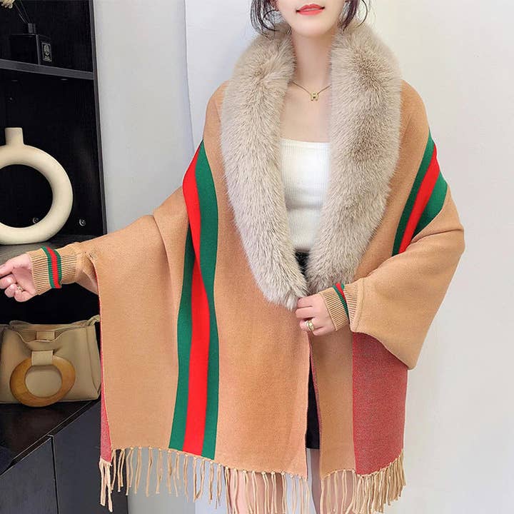 Ole - Wholesale Wrap - Women's - Striped Fur Collar Tassel Shawl S01848