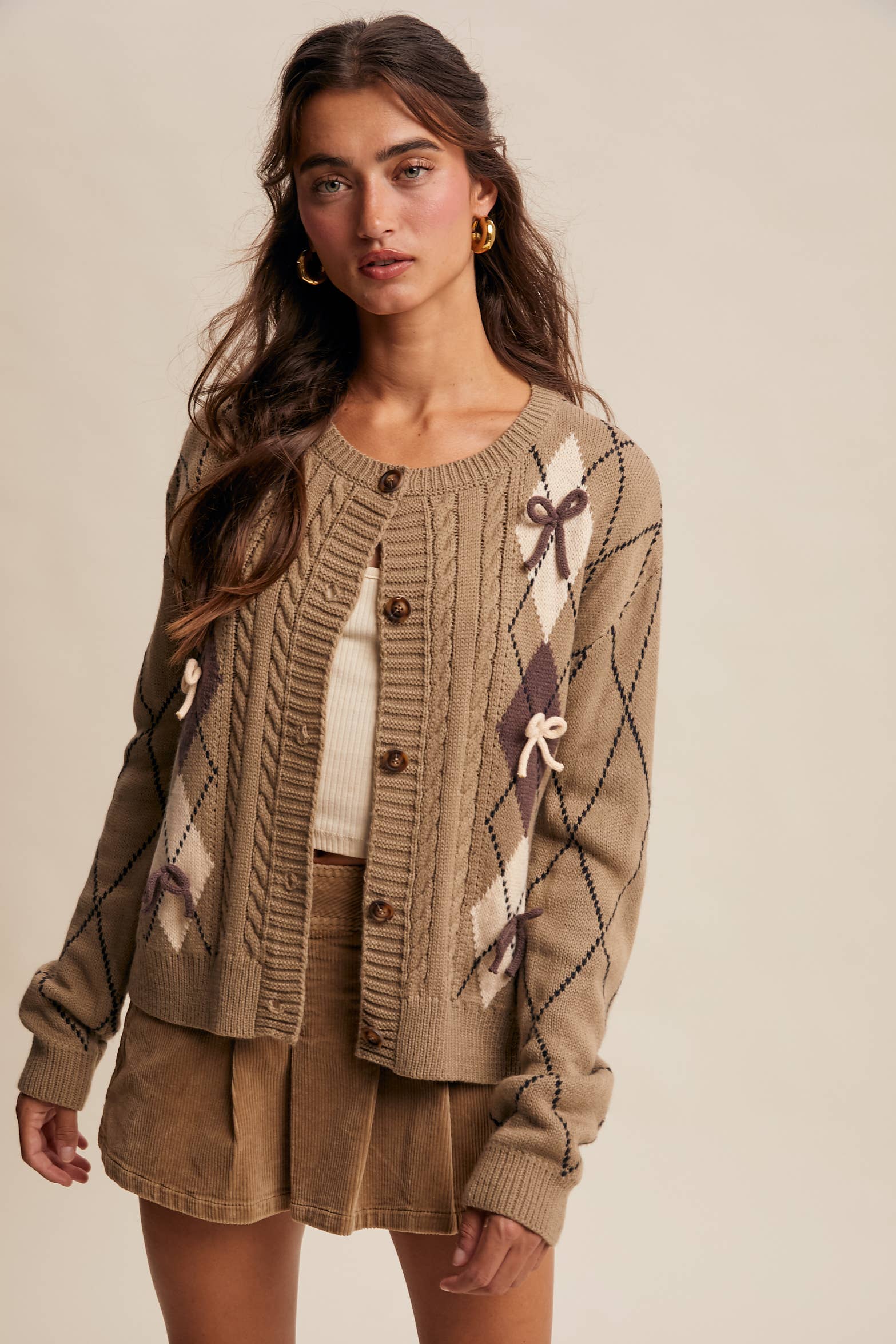 Listicle - Venta al por mayor Cárdigan - Mujer - Cárdigan de Punto con Detalle de Lazo Argyle LSW09738