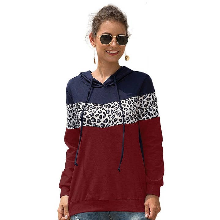 V Neck Leopard Long Sleeve Patchwork Hoodie for wholesale by Supreme Fashion