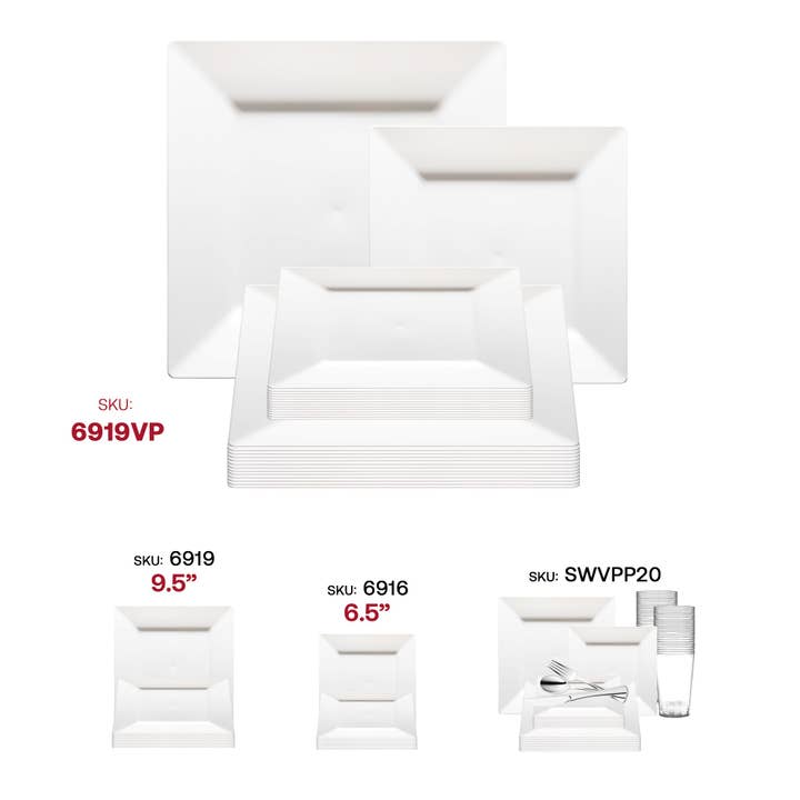 Smarty had a Party - Wholesale Dinner plate - White Square Plastic Plates Dinnerware Value Set - 20 Sets6