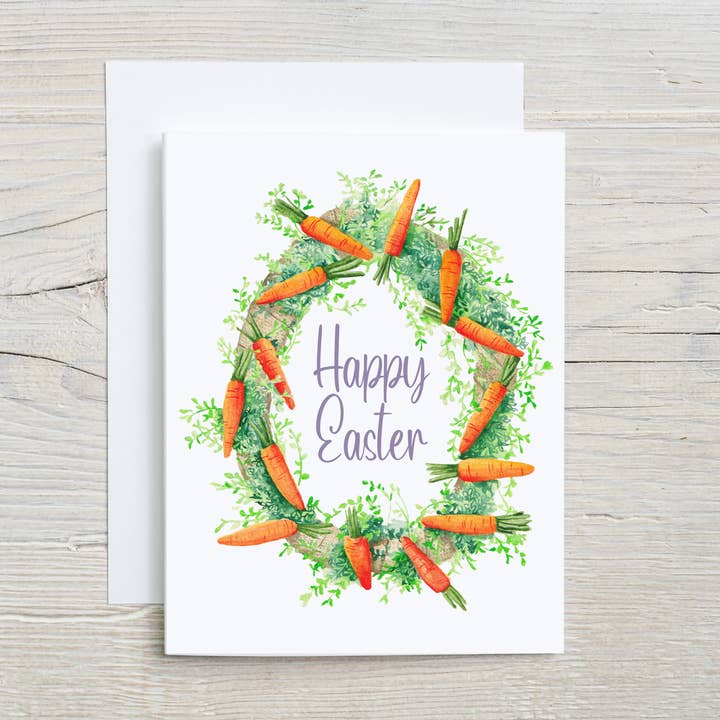 Easter Card – Watercolor Farmhouse Carrot Wreath – Spring for wholesale by Liz Pope Designs