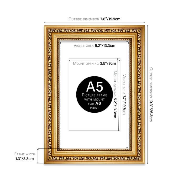 A5 Gold Ornate Picture Frame With White Mount for A6 for wholesale on Faire1