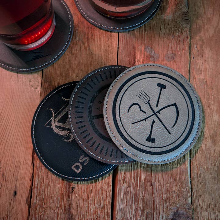 Engraved Leather Coasters with Logo for wholesale by Rad Werx Design