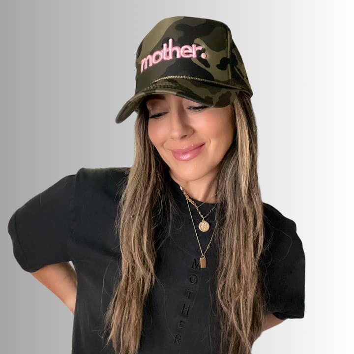 Mother Embroidered Trucker Hat - Camo + Baby Pink for wholesale on Faire