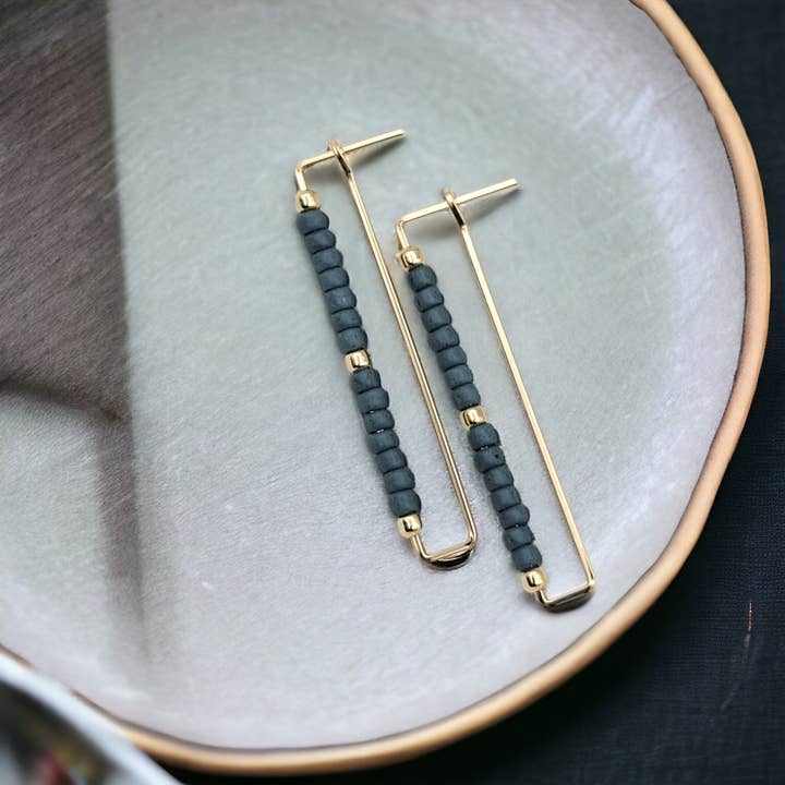 Bijou by SAM - Wholesale Dangle Earrings - Gold Rectangle Earrings with Dark Teal Seed Beads
